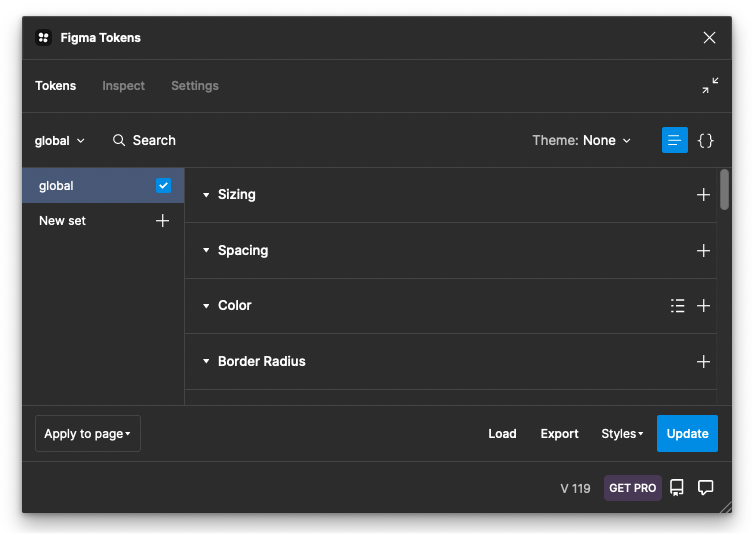 Figma Tokens plugin window showing digital solution design settings for sizing, spacing, color, and borders.