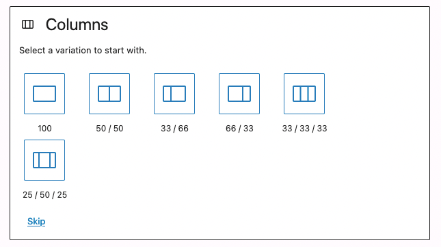 An image that shows all of the options you can select in the 'columns block' section