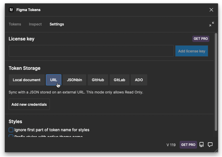 Digital solution integration settings window with token storage options, URL tab highlighted for editorial workflow setup.
