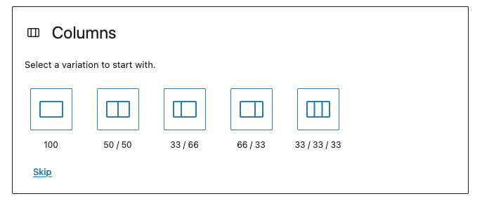An image showing a the column block interface, but with fewer variations after presets are removed