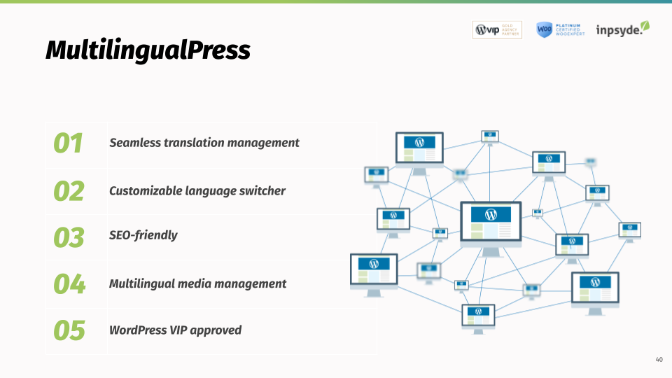 MultilingualPress's features include a translation manager, customizable language switcher, SEO, media management, and compatibility with WordPress VIP.