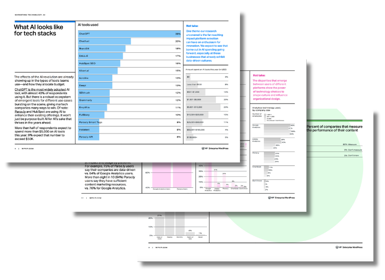 Analytics dashboard showing overlapping reports on AI tool usage and tech stacks for a digital solution.