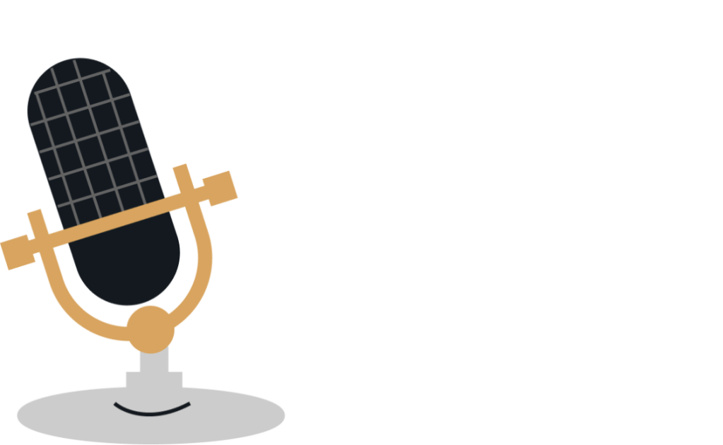 A vintage-style microphone with a gold frame and black mesh, representing podcasting or audio content.