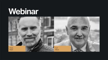 Side-by-side black-and-white portraits of webinar speakers Travis Ralph and Curt Wood. Each image includes the speaker’s name in small gold-colored labels at the bottom left of each photo. The title "Webinar" appears in large white text at the top left against a dark background.