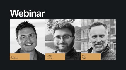 A promotional image for a webinar featuring three speakers presented in black-and-white portraits on a dark background. From left to right: J.J. Toothman, Andrew Paulette, and Travis Ralph. Each name appears on a gold-colored label below their photo. The large heading “Webinar” is displayed at the top in white text.