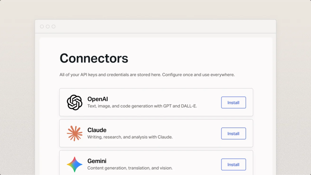 Web interface showing available AI connectors, including OpenAI, Claude, and Gemini.