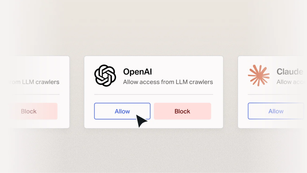 Interface showing controls to allow or block access for AI crawlers.