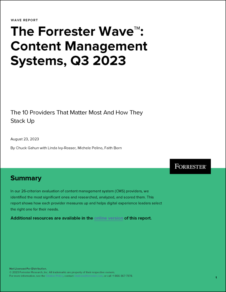 Forrester report cover on leading CMS providers, Q3 2023 digital solution content and publishing overview.