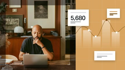 Man reviewing website performance data on a laptop, with overlaid charts and a 5,680 pageviews metric illustrating web analytics insights.
