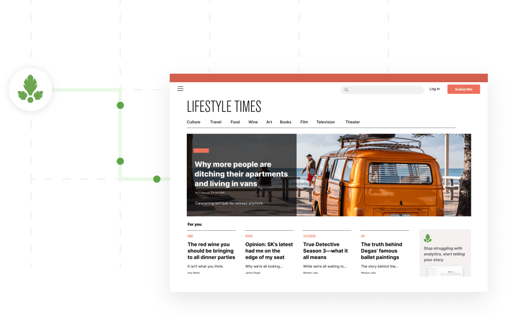 Illustration of the Parse.ly content API personalization engine, placed on a website titled "Lifestyle Times"