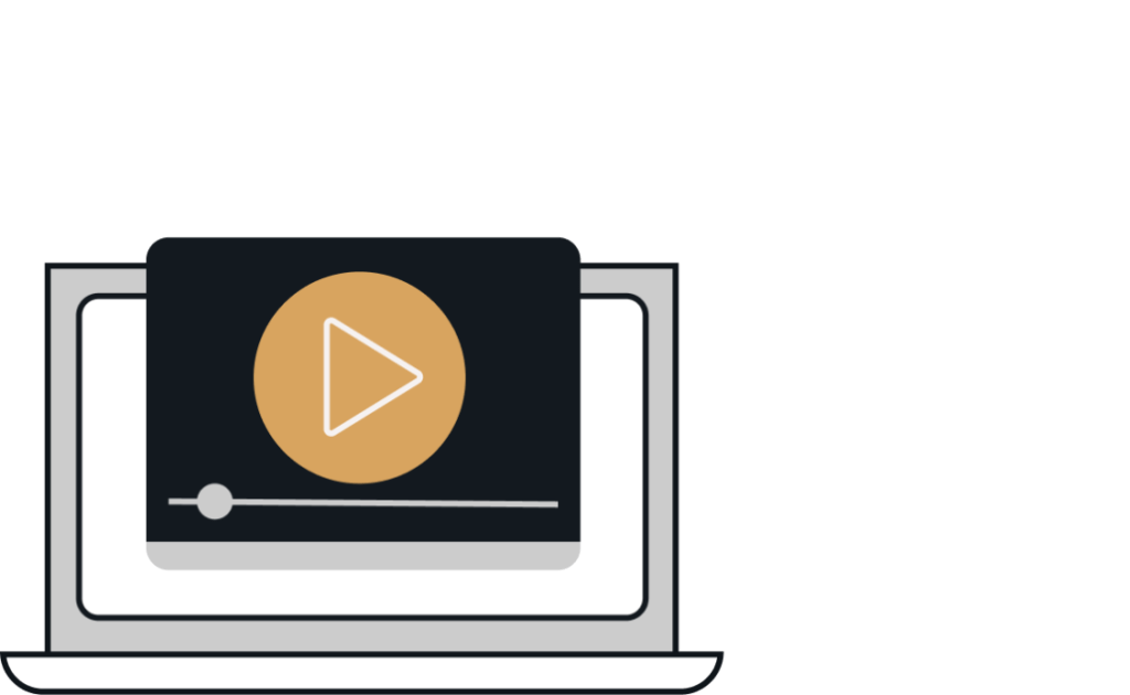 A laptop with a play button on screen, symbolizing video or webinar content.