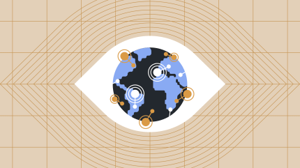 Illustration of a digital globe with interconnected nodes, symbolizing global connectivity, data exchange, and a worldwide network, framed within an abstract eye shape.
