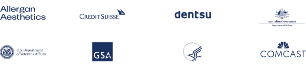 Field of logos of copanies whom Veterans & Co. partner with, including U.S. Department of Veterans Affairs, GSA, and Comcast. 