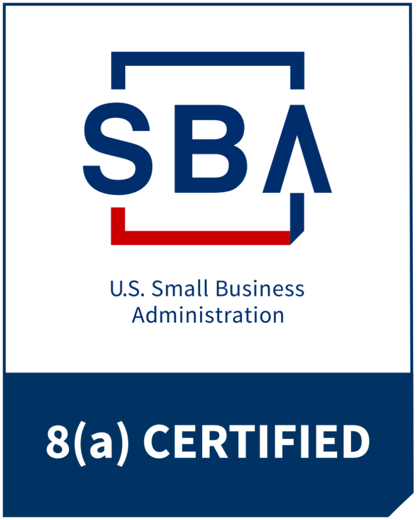 SBA logo with U.S. Small Business Administration 8(a) Certified, digital solution integration badge.