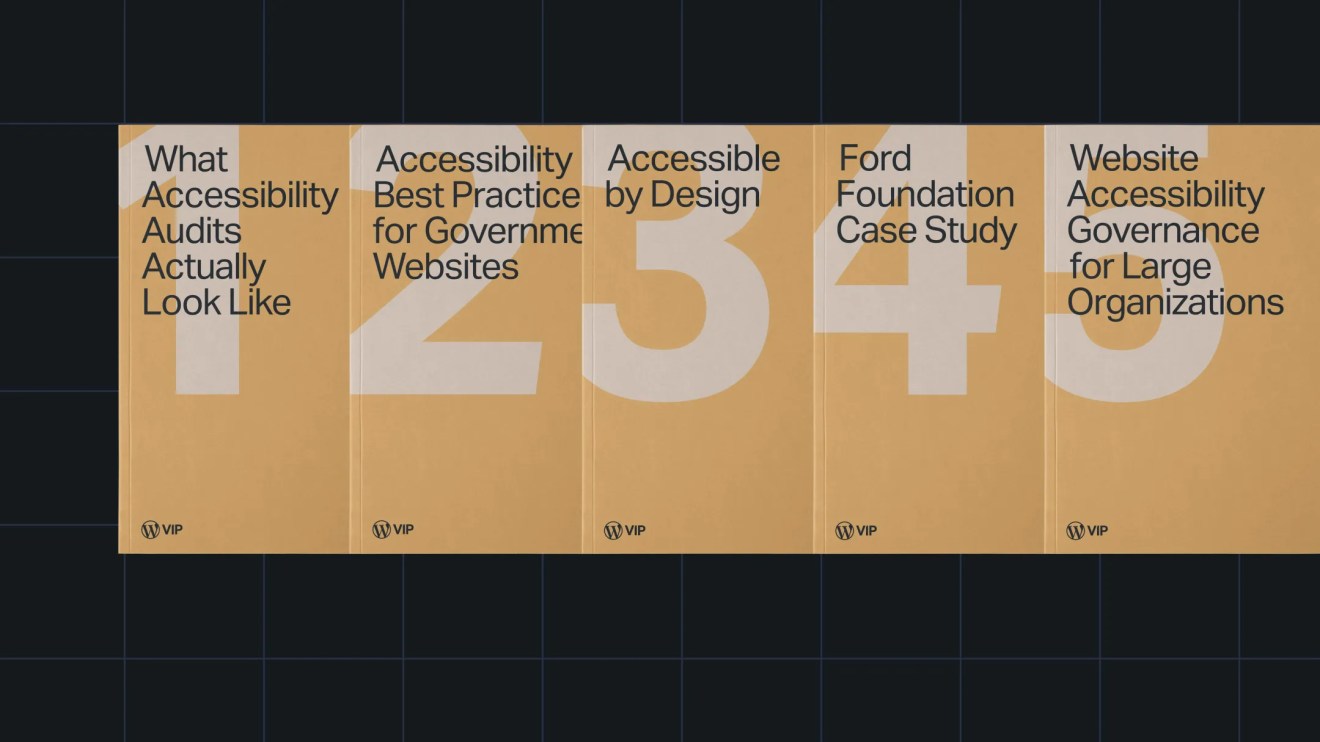 Five tan ebooks display numbered website accessibility implementation topics for organizations against a dark background.