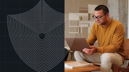 Man in glasses using a laptop, with an abstract shield design symbolizing WordPress Security on a dark background beside him.