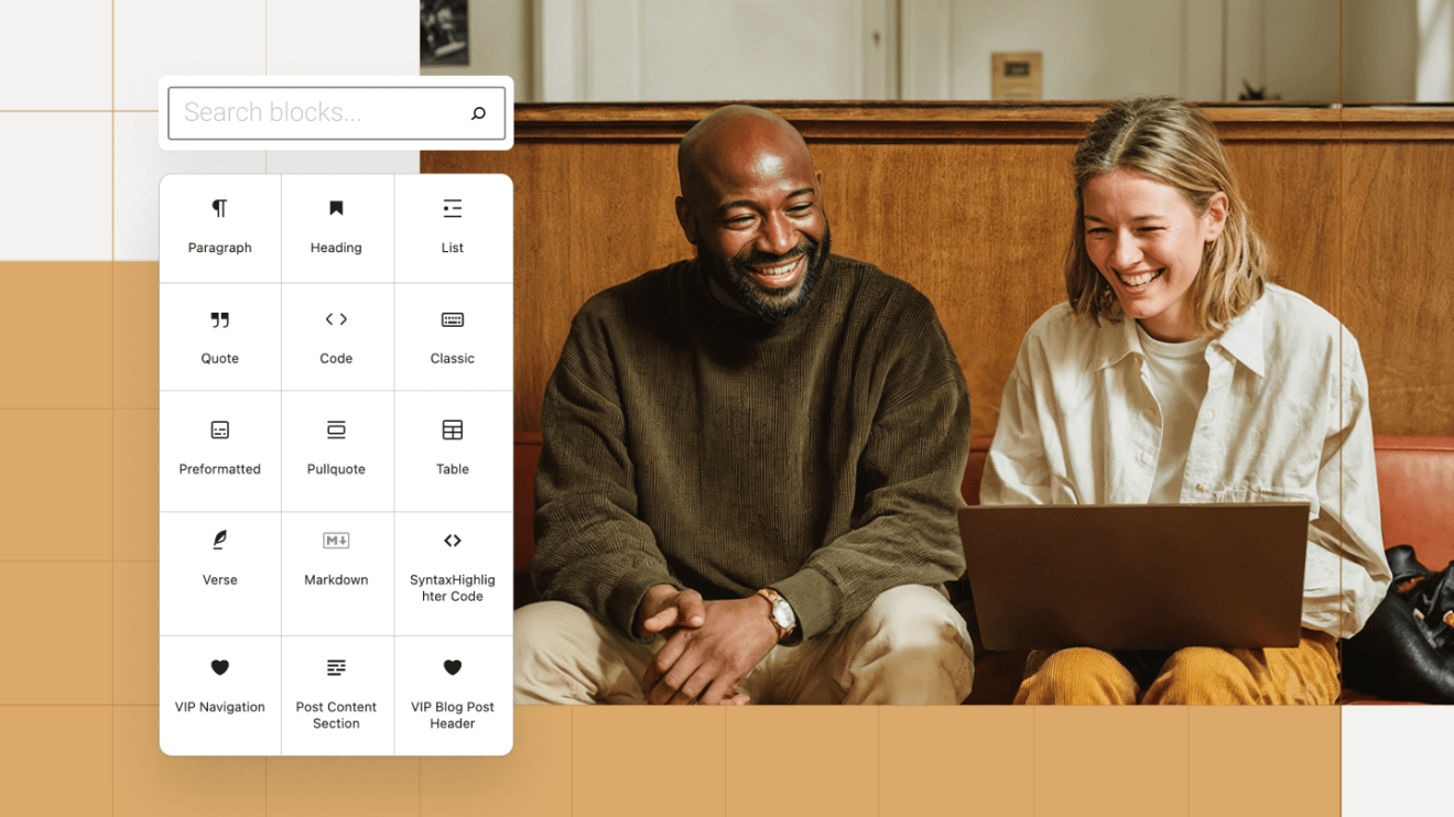 Two people reviewing a content blocks menu on a digital solution editorial dashboard.