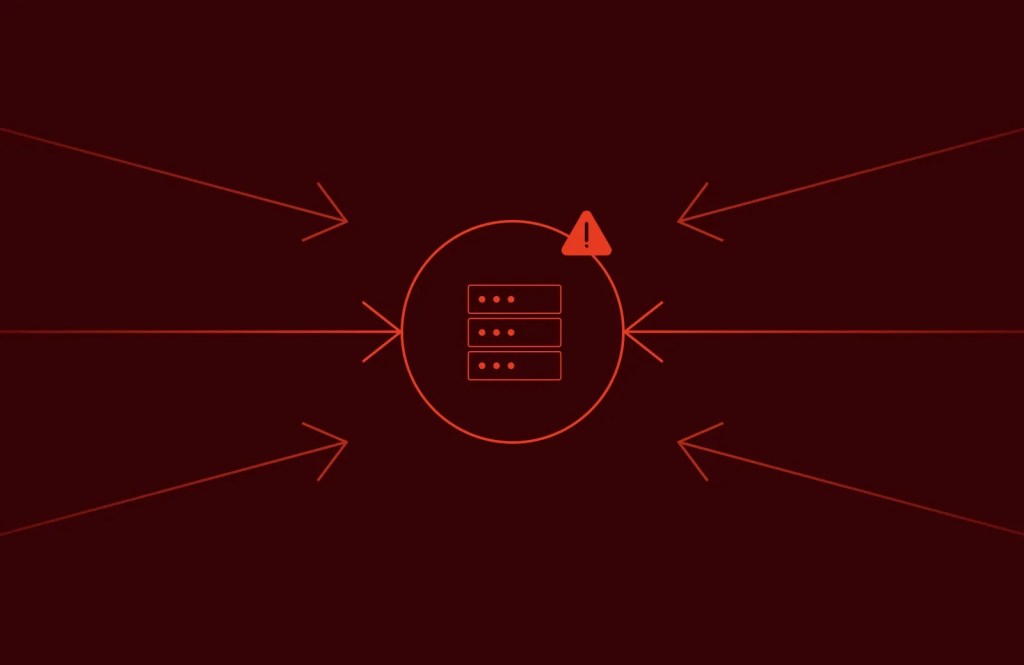 Red warning icon above a server with inbound arrows, signaling a digital solution security risk or threat.