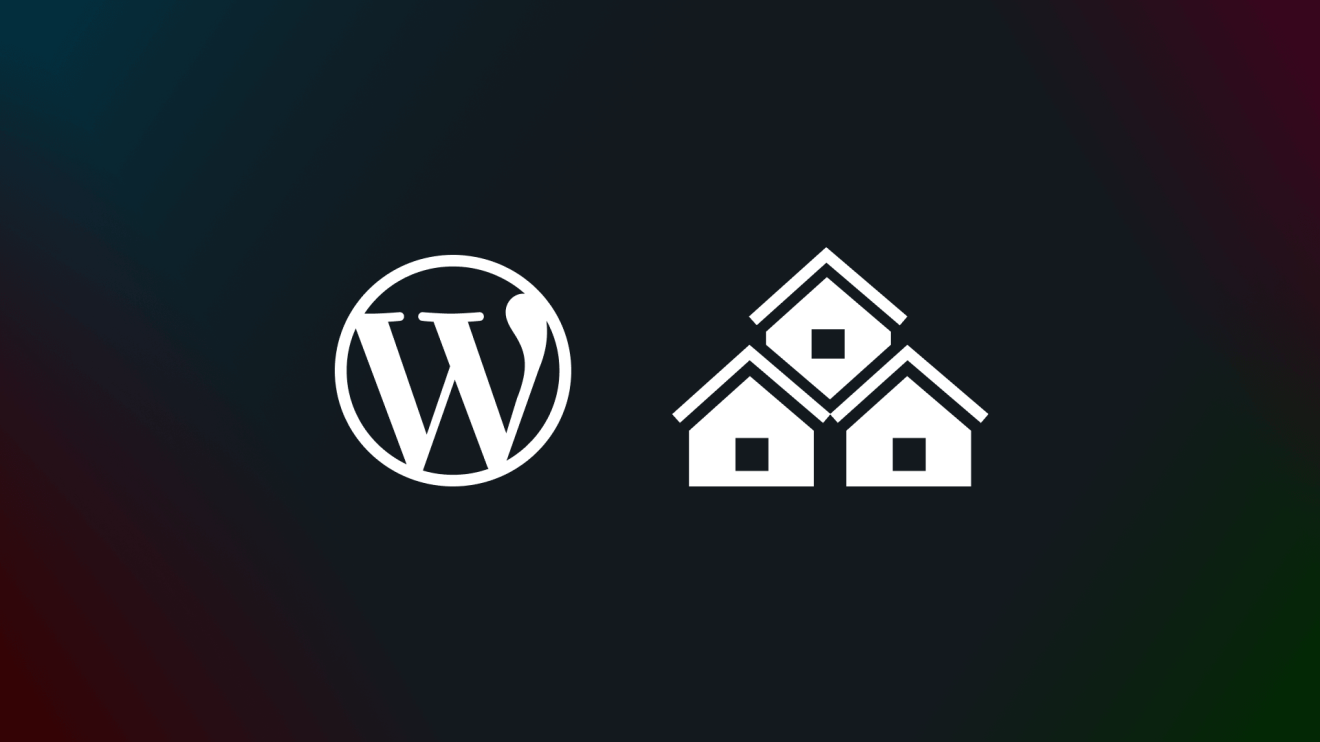 WordPress logo next to three houses stacked in a triangular pattern, representing WordPress VIP’s multisite management capabilities.