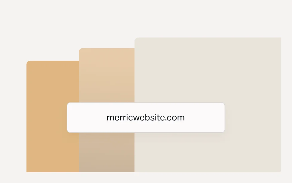 Three overlapping rectangular panels in different shades of beige, with a centered label displaying the website address “merricwebsite.com.”