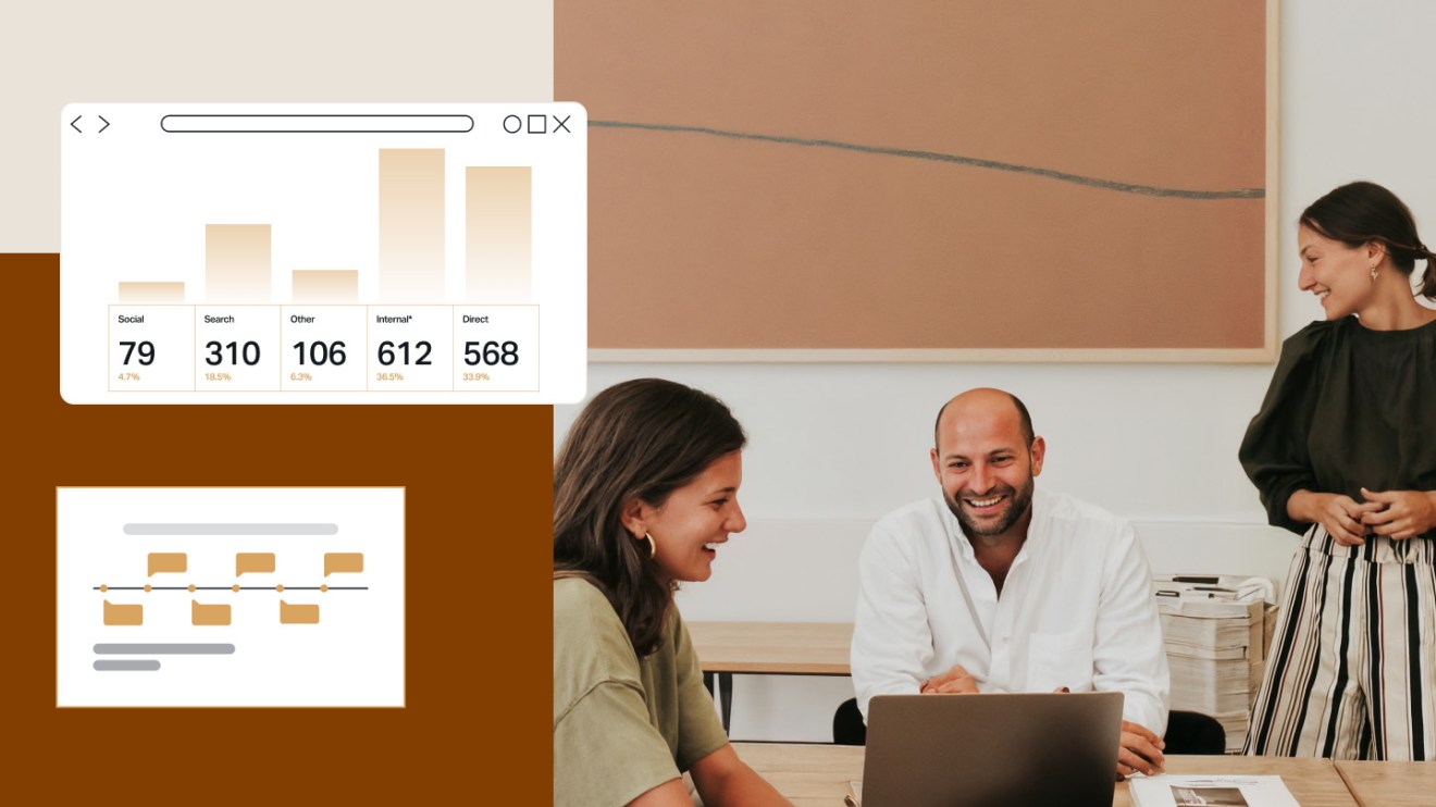 A team discussing analytics insights with bar and flow charts in the foreground—representing data-informed content strategy and audience insights.