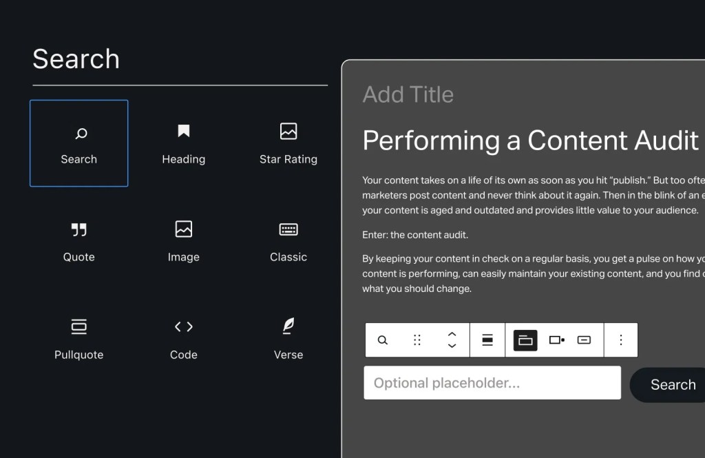 WordPress editor with search and block options drafting a content audit post in the publishing workflow.