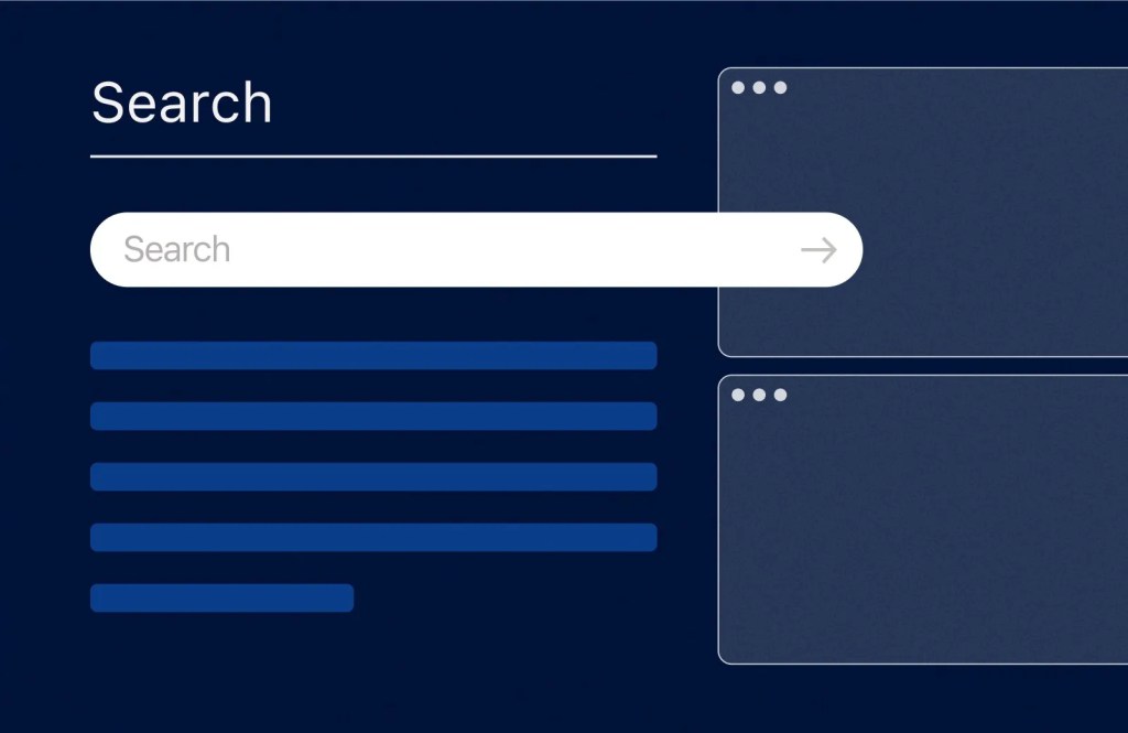 A search bar with Enterprise Search results on a dark blue background and two blank browser windows on the right.