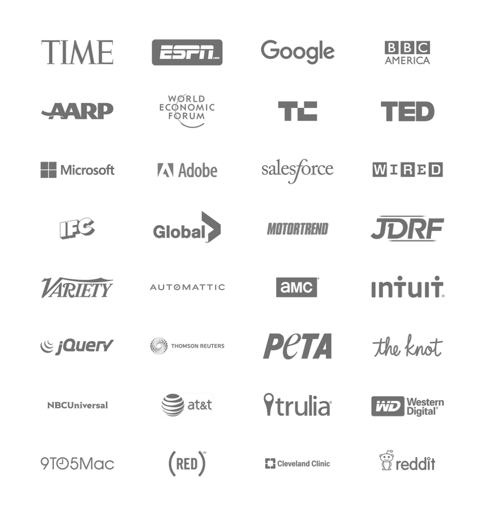 Grid of 36 well-known company logos, including TIME, ESPN, Google, TED, Microsoft, and WIRED.