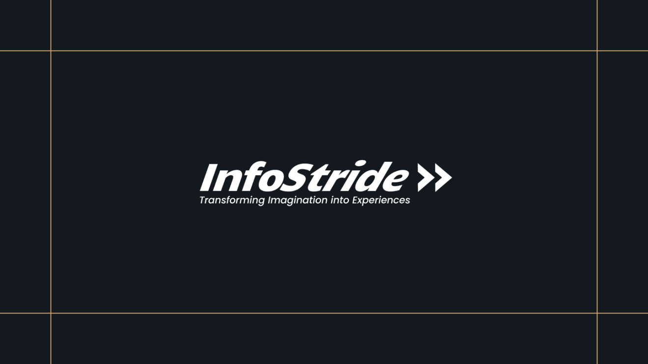 InfoStride logo on a black background, framed by thin gold lines.