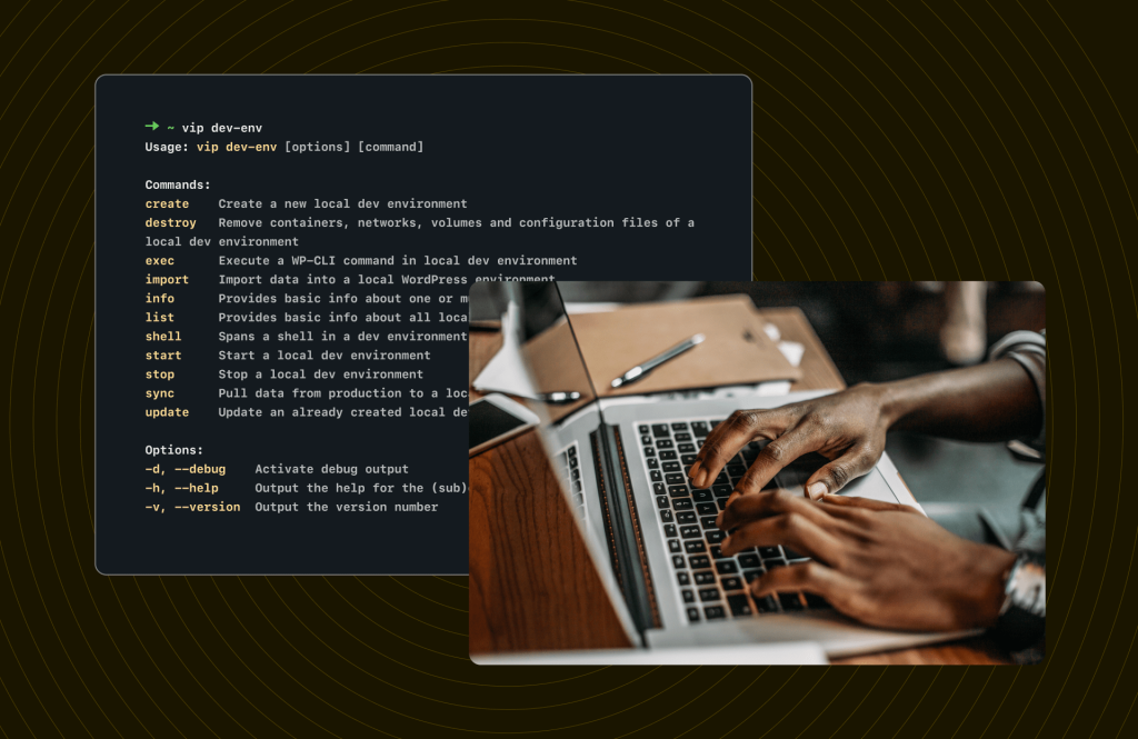 Hands typing on laptop keyboard, terminal window overlay showing digital solution command line integration.