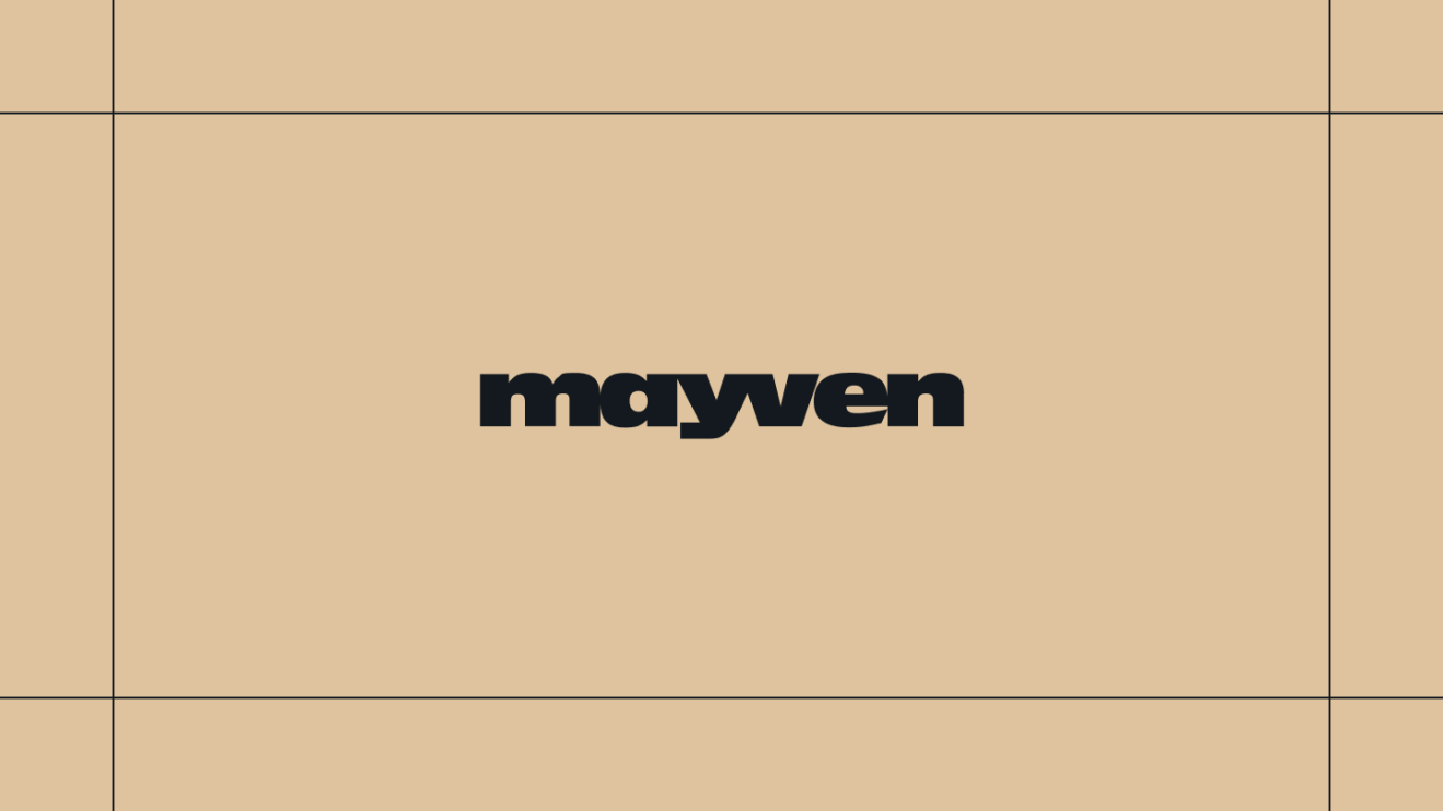 Mayven logo on a gold background, framed by thin black lines.