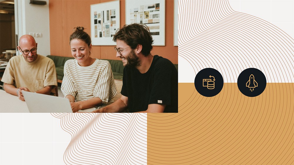 Three people smiling during a team sync, next to a line-art wave and icons for "migration" and "site launch"—capturing the energy of a successful go-live moment.