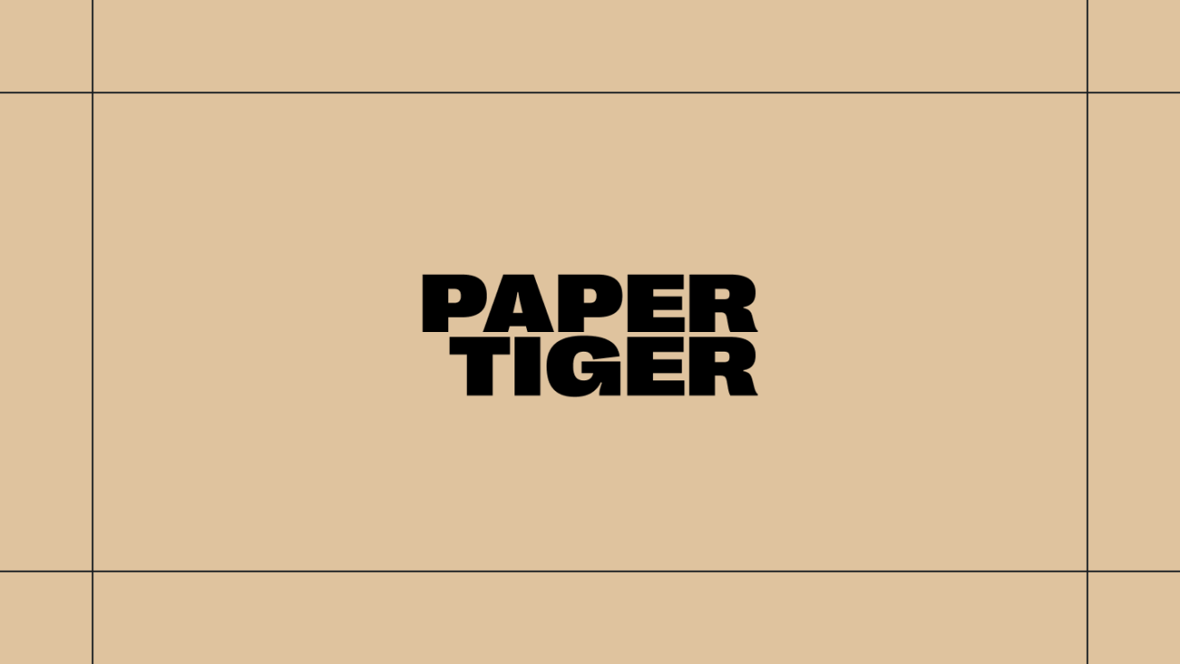 Paper Tiger logo on a gold background, framed by thin black lines.