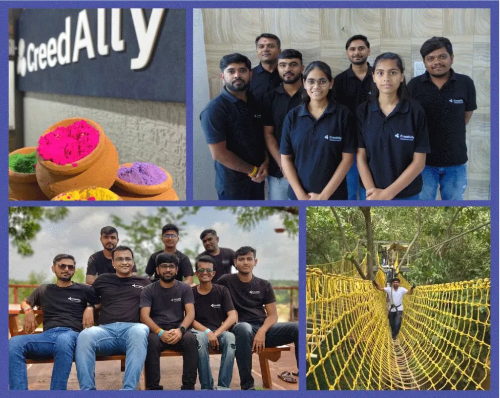 Collage of a team in black shirts, Holi colors, a rope bridge, and outdoor group activities.