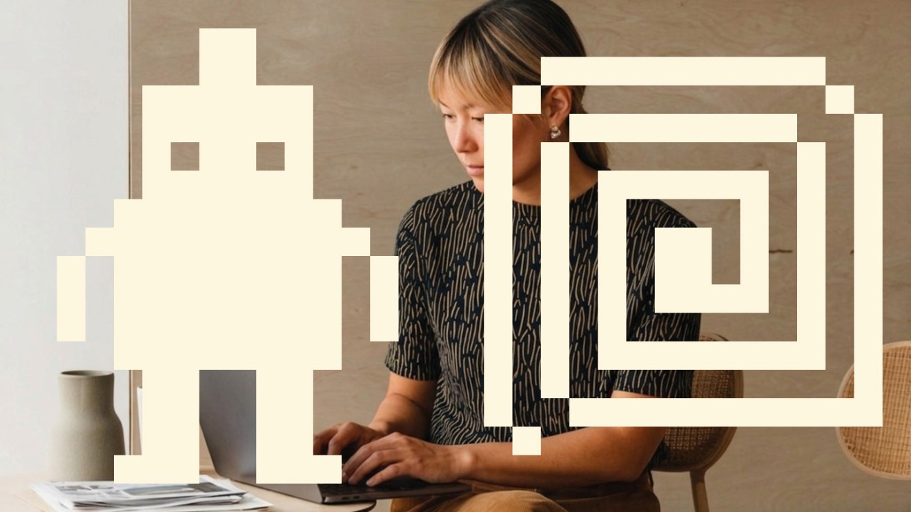 Person working on a laptop, overlaid with large white pixel art shapes and a spiral design, inspired by the Future of the Web Report and the Website Trust Validation Layer.