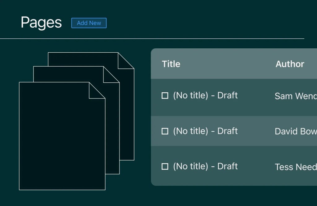 Digital solution dashboard displaying draft content list with author names and an Add New button for publishing workflow.