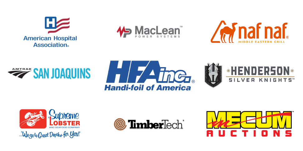 Logos for the following: American Hospital Association, MacLean - Power Systems, Naf Naf - Middle Eastern Grill, Amtrack San Joaquins, HFA INC. - Handifoil of America, Henderson - Silver Knights, Supreme Lobster and Seafood Company, Timber Tech, Mecum Auctions.
