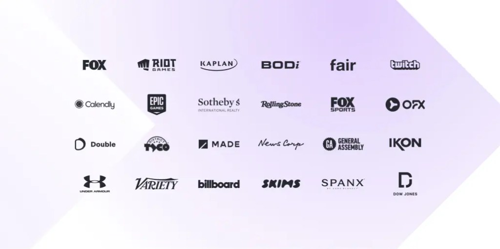 Grid of major media and gaming company logos, highlighting integrations for digital solution platforms.