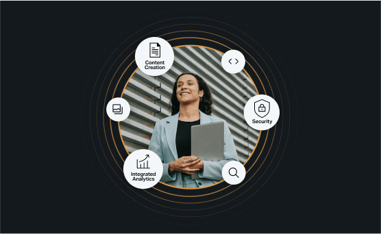 Illustration of a woman surrounded by icons for security, integrated analytics & content creation