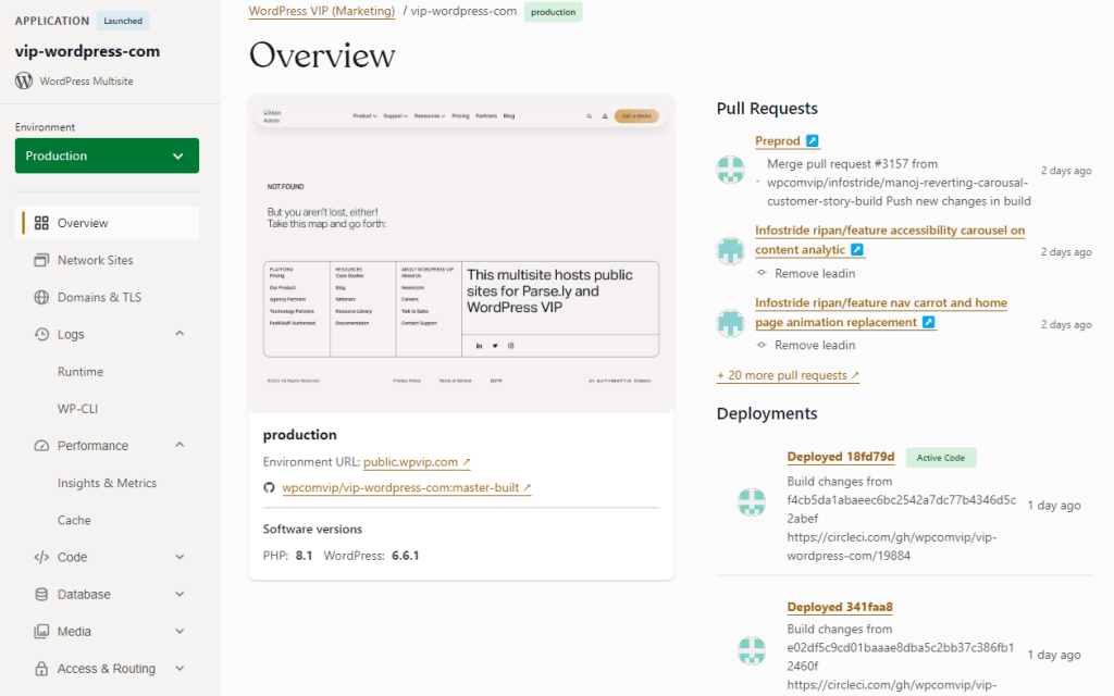 WordPress VIP’s dashboard is built with hubs for multisite management, database backups, performance insights, and metrics listed.