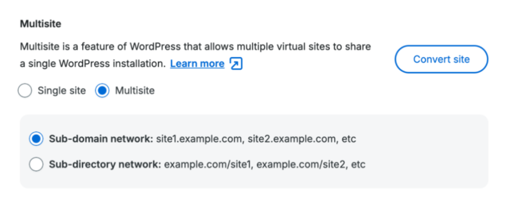 WordPress multisite network settings displaying single site, multisite, sub-domain, and sub-directory configuration options.