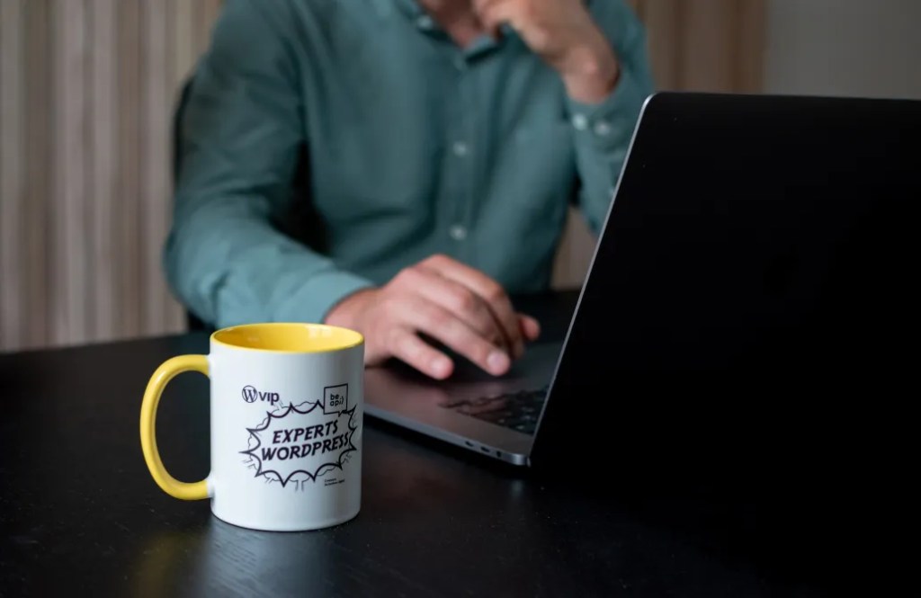 Person working on a laptop with visible WordPress Experts mug, focused on content publishing within a digital solution.
