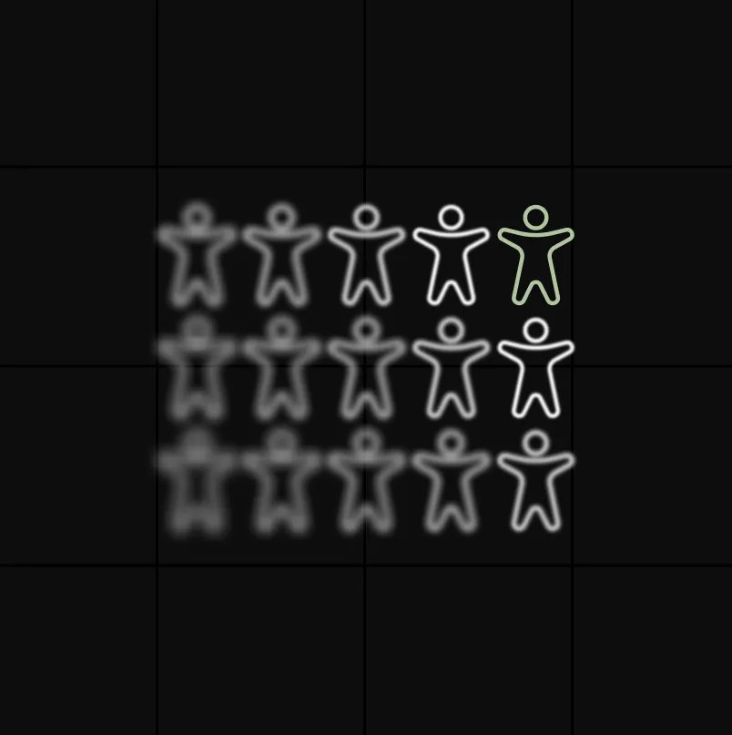 Illustration of a grid of outlined people icons with one highlighted in green while the others are faded.
