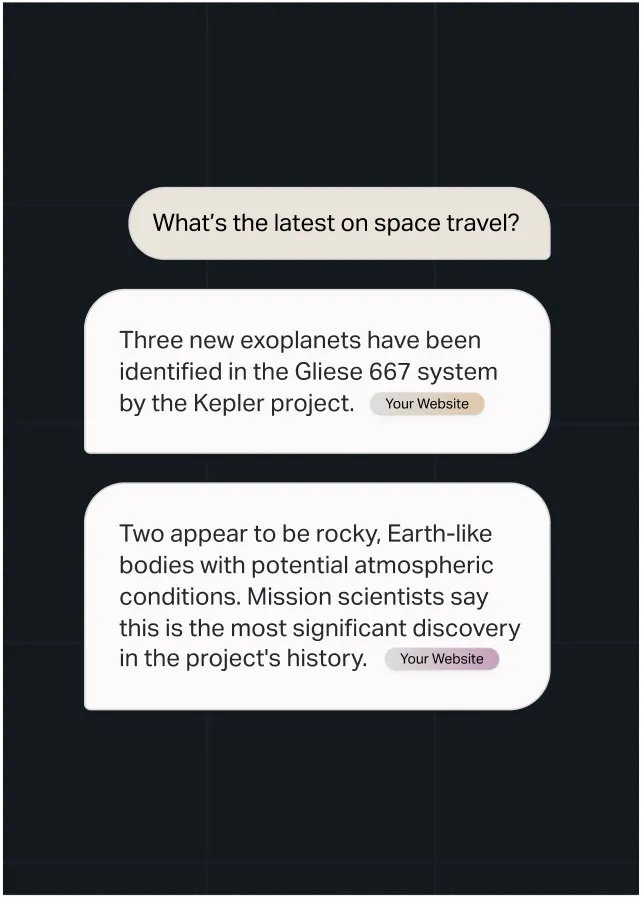 AI search interface displaying a user query with attributed responses linking back to a website as the information source.
