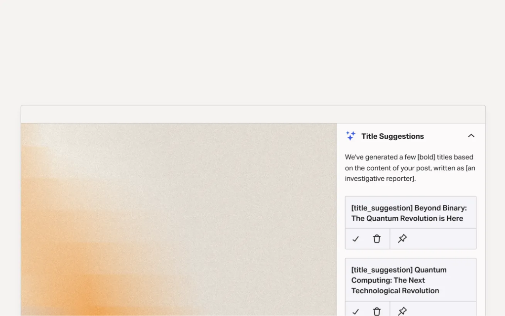 AI-powered title suggestions panel in the WordPress editor generating headline recommendations from article content to help editors optimize publishing decisions.