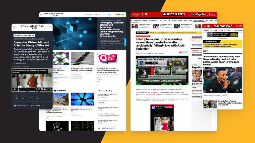 Side by side comparisons of Communications ACM and New York Post desktop and mobile site homepages.
