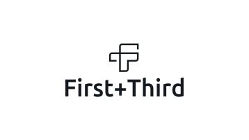 Minimalist logo with “First+Third” text and abstract geometric “F” above, on a light gray background.