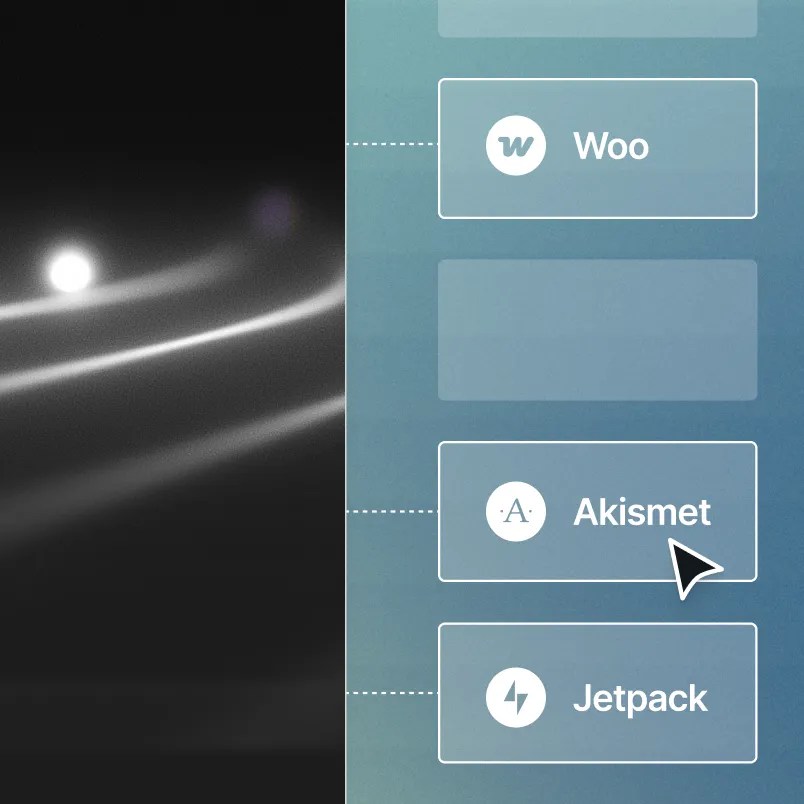Interface displaying connected services including WooCommerce, Akismet, and Jetpack within a managed CMS integration panel.