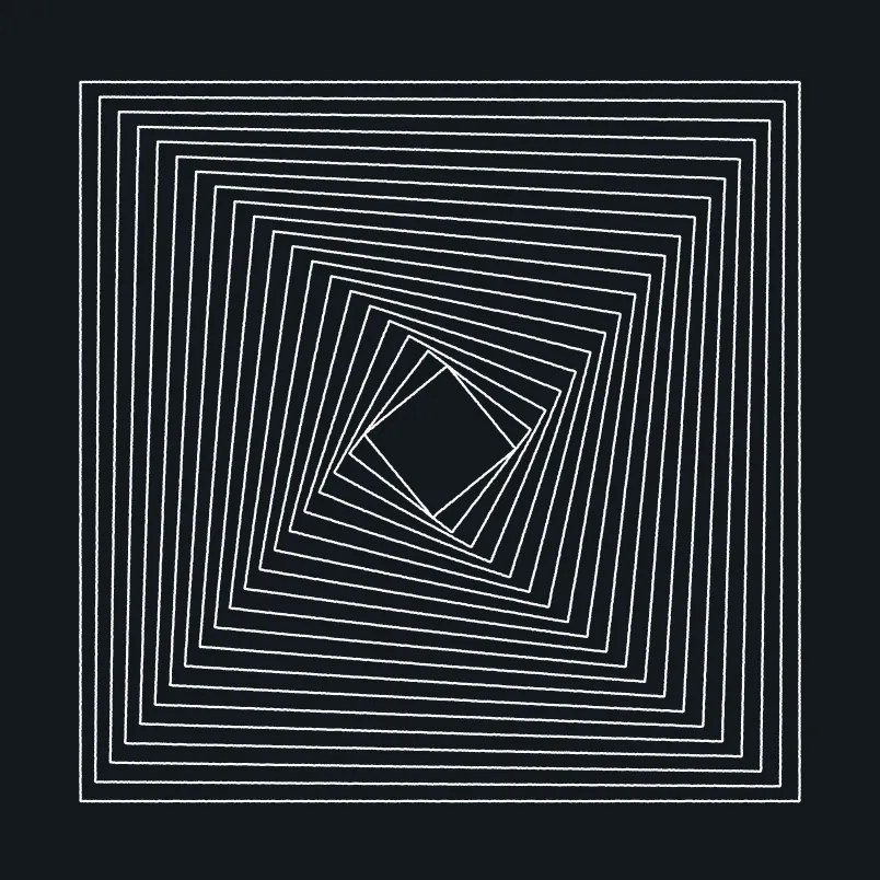 Abstract geometric illustration of nested rotating square outlines on a dark background.
