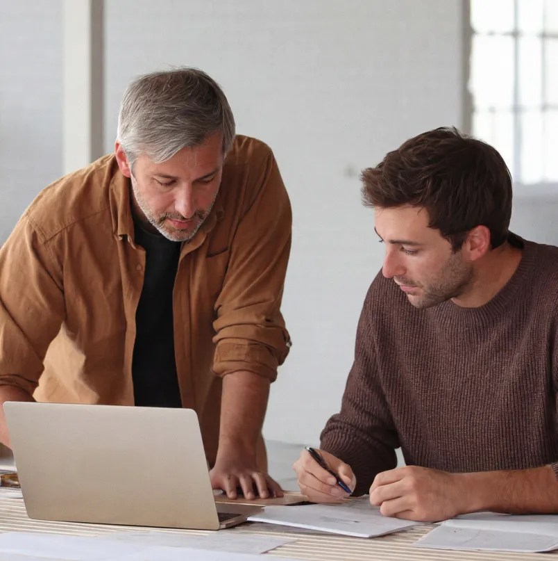 Two professionals reviewing plans and collaborating over a laptop, representing the close engineering partnerships and architectural collaboration behind the WordPress VIP enterprise ecosystem.